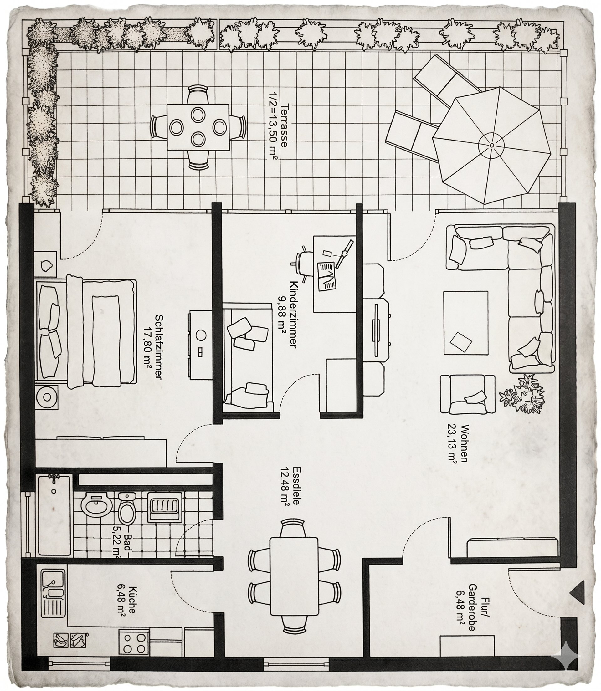 Grundriss vorher — 3 Zimmer